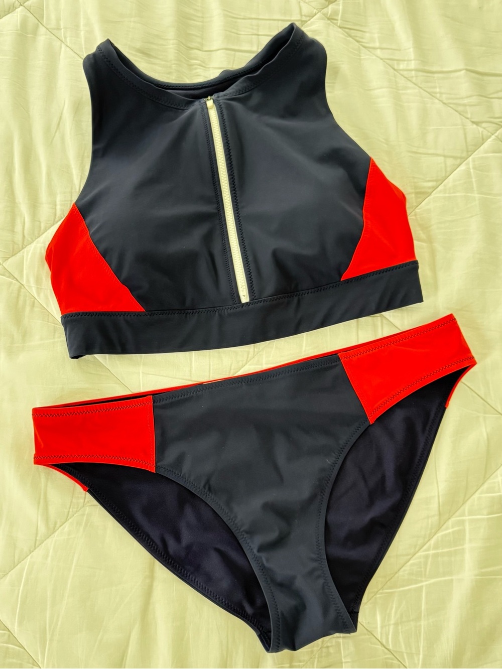 Athleta Navy/Red Zip-Front High Neck Bikini Set-SML - Picture 3 of 10